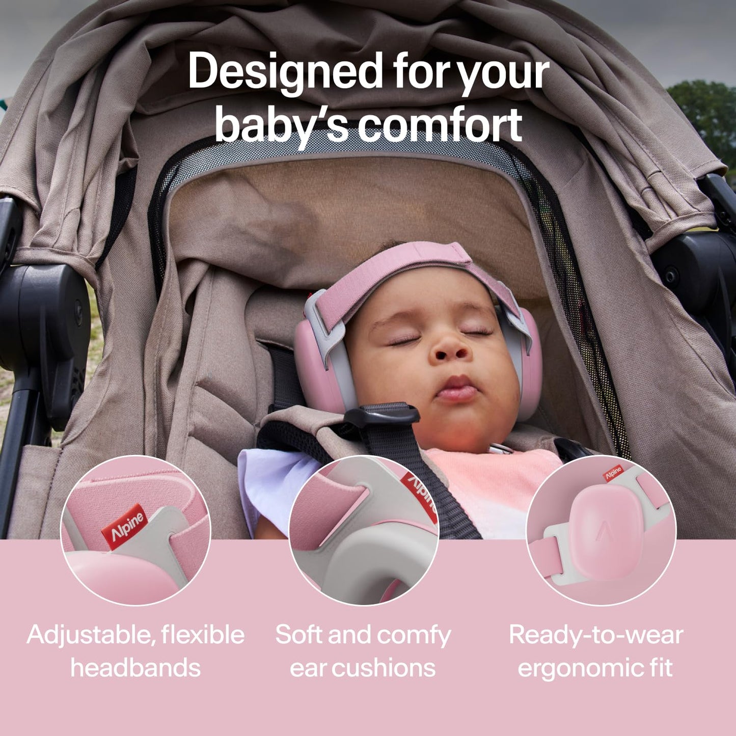 Alpine Muffy Baby Comfort - Protects Hearing for Babies and Toddlers - CE & ANSI Certified - Headband for Safe fit & Comfort - Adjustable for Ages 3-48 Months - 24dB Sound Reduction, Pink