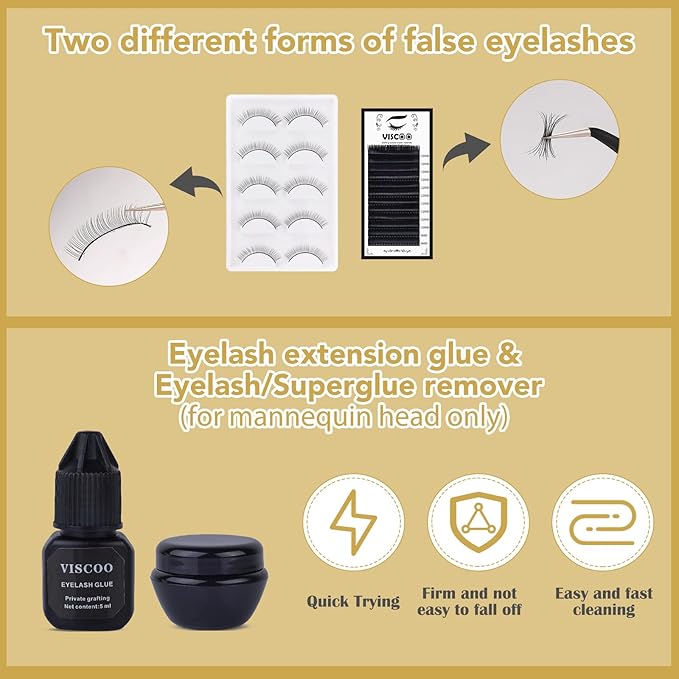 Eyelash Extension Kit for Beginners, Professional Lash Extension Kit with Mannequin Head, Lash Starter Kit with Lash Fan, Lash Extension Supplies for Practice Training Kit(Black)