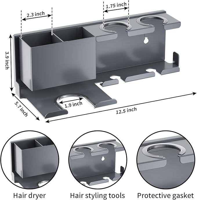 YSD Hair Dryer Holder Wall Mounted, Metal Hair Tools Organizer, Hair Dryer Holder for Blow Dryer, Curling Iron, Straightener, 3 in 1 Bathroom Hair Tool Organizer, Grey