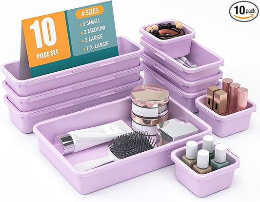 10 PCS Drawer Organizer Set, 4 Size Makeup Drawer Divider Organizer With Non-Slip Pads, Interlocking Plastic Storage Bins for Office,Jewelry Vanity,Gadgets, Bathroom,Kitchen, Purple