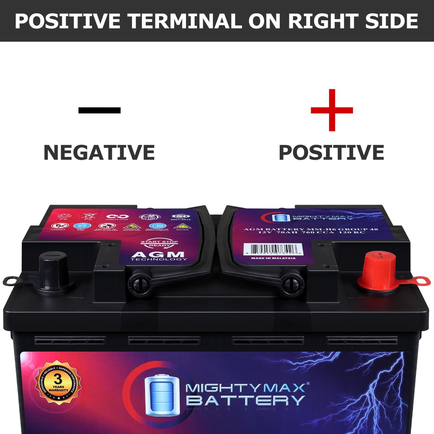Mighty Max Battery MM-H6 Start and Stop Car BCI Group Size 48 12V 70 AH, 120RC, 760 CCA Rechargeable AGM Car Battery