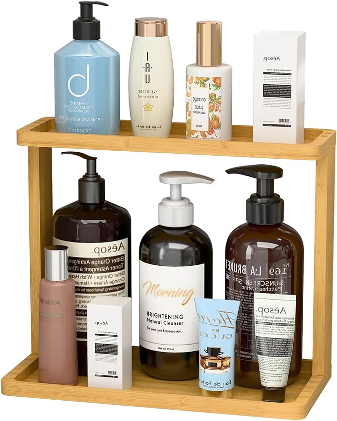 PEKER Bamboo Bathroom Organizer Countertop Ã¢ÂÂ Small Vanity Storage Shelf for Makeup, Perfume, Skincare Ã¢ÂÂ Natural Cosmetics Display Rack for Dresser, Sink, Kitchen Ã¢ÂÂ Natural