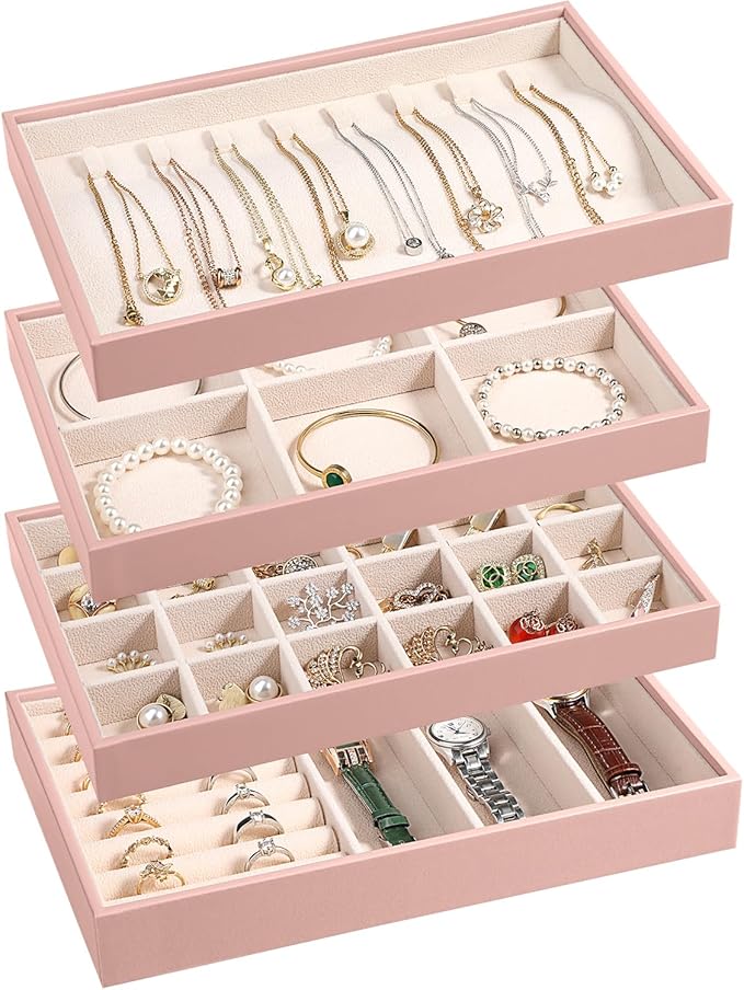 LANDICI Stackable Jewelry Organizer Trays 4 Set,PU Leather Jewelry Organizer Drawer,Jewelry Storage Display Tray for Earring Necklace Rings Bracelet with Removable Dividers,Pink