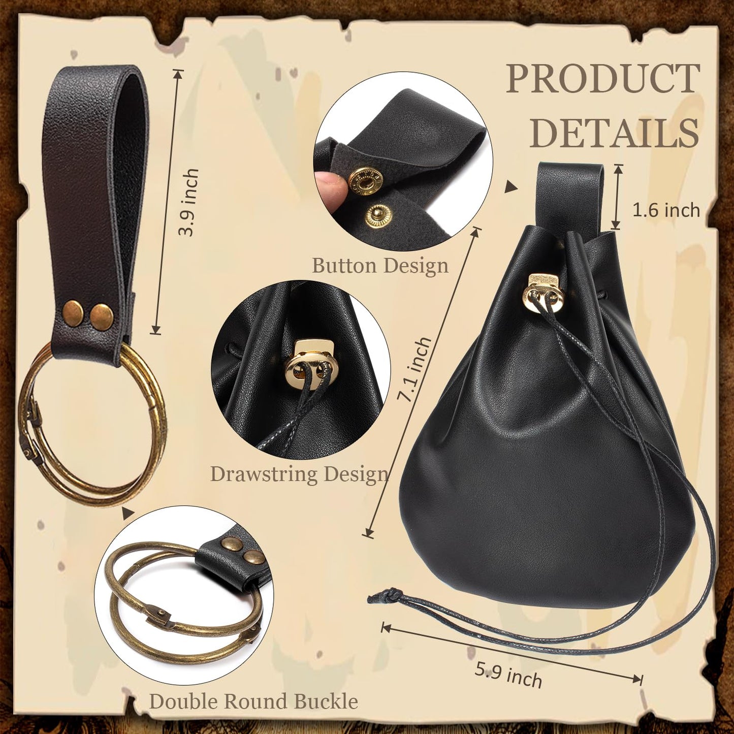 SUMGOGO 4 Pcs Halloween Renaissance Belt Pouch Witch Bottle Skirt Hikes Medieval Viking Pirate Leather Belt Costume Set (Black)