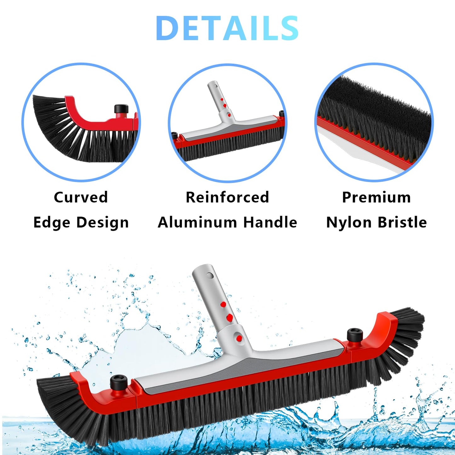 Sepetrel 22” Wide Pool Brush Head for Cleaning Walls,Heavy Duty Inground/Above Ground Aluminum Swimming Pool Scrub Brushes with Curved Ends & Premium Strong Bristle,Red