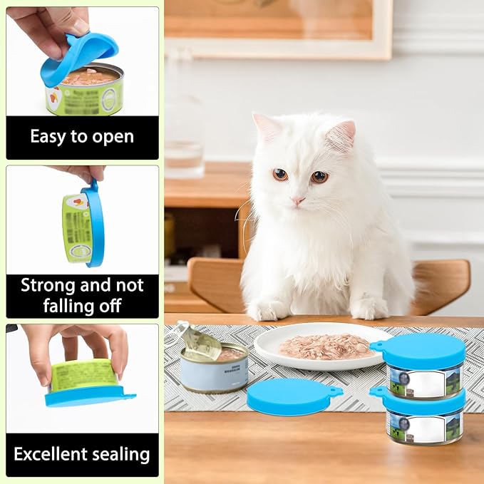 PINE & LINEN 4 Pcs 2.5inch Durable Pet Can Lids,Silicone Small Pet Can Covers Waterproof Cat Food Cans Lids for 3 oz Cat Food Cans（Sky Blue）
