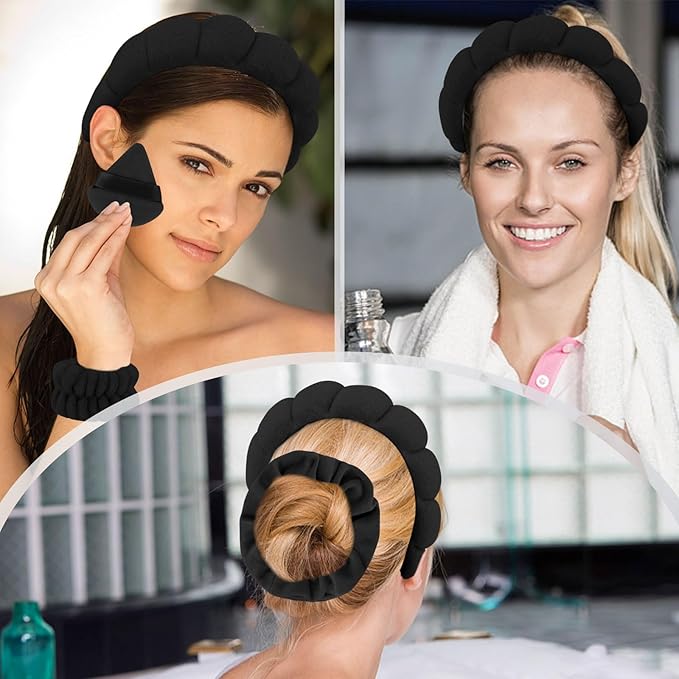 7Pc Headband and Wristband Set for Skincare, Face Washing, Makeup Removal - Includes Terry Cloth Headbands, Facial Sponges, and Powder Puffs in Black