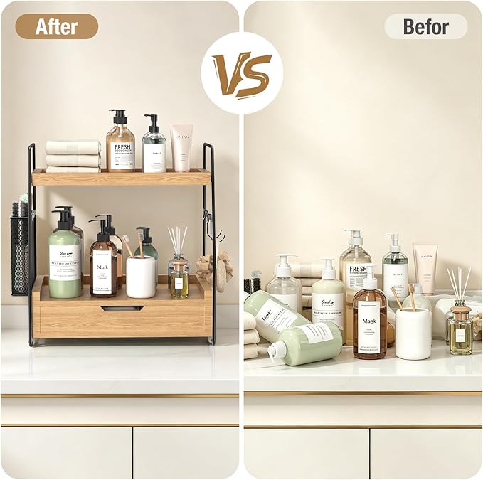 2 Tier Bathroom Counter Organizer Wood - Tiered Bathroom Countertop Shelf with Drawer, Removable Basket & 2 Hooks, Makeup Vanity Organizer for Skincare Perfume Toiletries, 13'' Wood