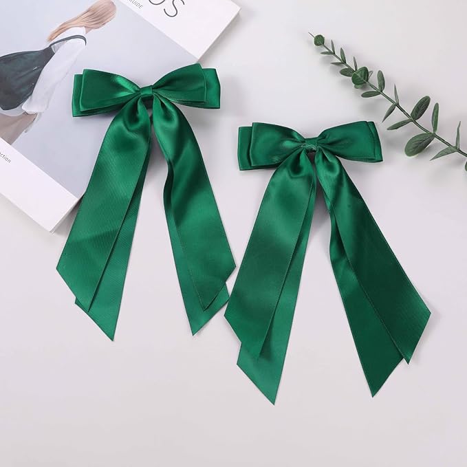 LuSeren 2 PCS Double Layer Hair Bows Green Hair Ribbon Clips Ponytail Holder Accessories for Women Girls Toddlers Teens Kids