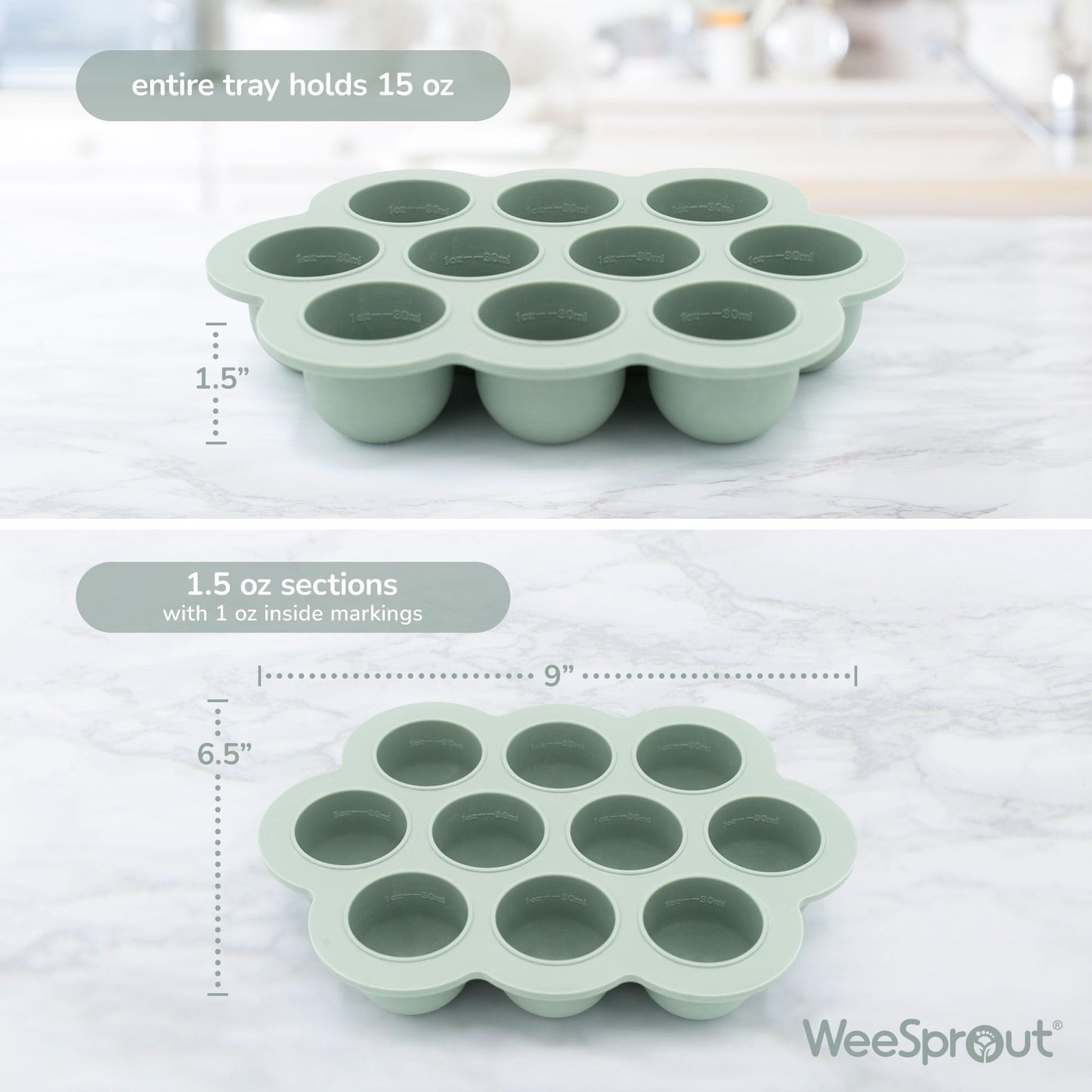 WeeSprout Silicone Freezer Tray with Clip on Lid Perfect Food Storage Container for Homemade Baby Food, Vegetable, Fruit Purees, and Breast Milk (Bright Green, Ten 1.5 Ounce Sections)