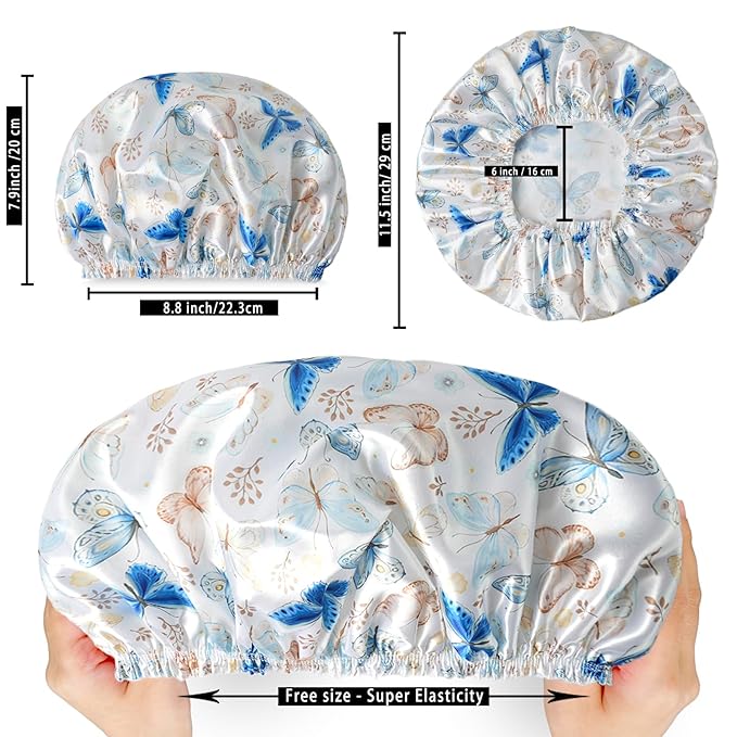 Shower Cap for Women,4 PCS Elastic and Reusable Bath Caps, Double Layers Shower Caps Reusable Waterproof, Bathing Shower Caps, Environmental Bath Hair Protection Cap - Butterfly D