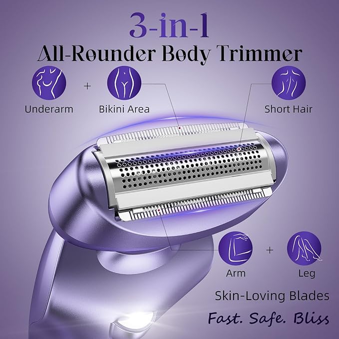 rategist Cordless Electric Razors for Women: Rechargeable Painless Bikini Trimmer for Body Hair - IPX7 Waterproof Shaver with LED Display for Face/Underarm/Leg Deep Purple