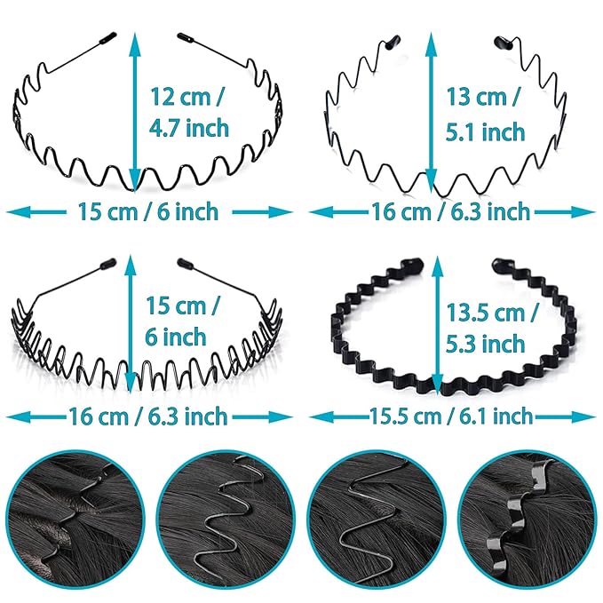 Metal Headband for Men, Unisex Black Wavy Spring Hair Band, Zig Zag Head Band, Fashion Elastic Hair Accessories, Multipack Options Available (8 Pack)