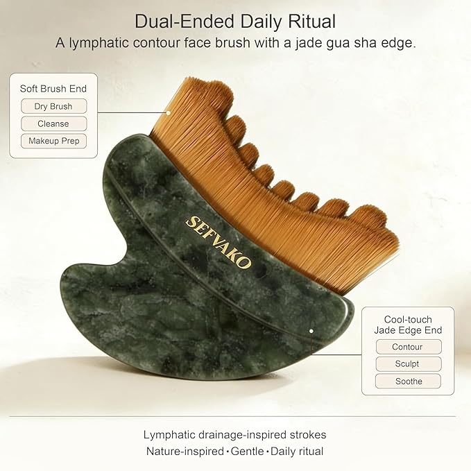 Lymphatic Contour Face Brush, Dual-Ended Dry Brush + Cool-Touch Jade Gua Sha Edge, 0.075mm Ultra-Soft Bristles Gua Sha Facial Tools, for Lymphatic Drainage, Less Puffy Look, Sculpt & Relax