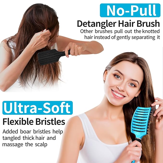HIPPIH 2 Pack Boar Bristle Hair Brush, Wet & Dry No Pull Curved Vented Hair Brush, Styling Magical Brush Detangler for Kids & Men, Hairbrush for Women Can Adds Shine & Smooth Curly Thick Hair