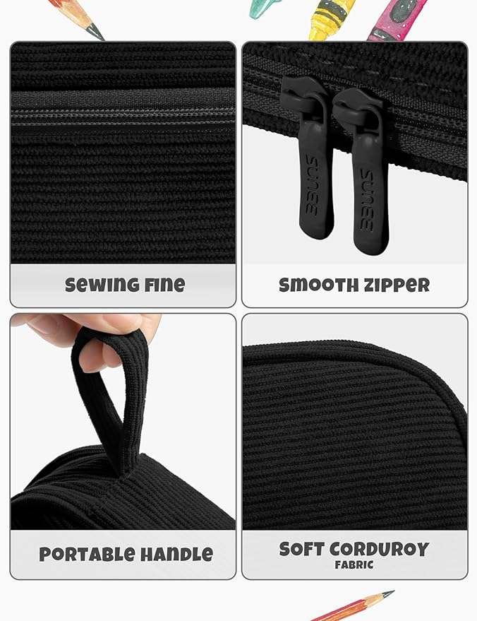 SUNEE Cute Pencil Case, Large Pencil Pouch, Soft Corduroy Aesthetic Big Pencil Bag with Zipper, Kawaii Stationery Storage and Organizer, School Supplies for Teen and Adult, Boys&Girls, Coal Black