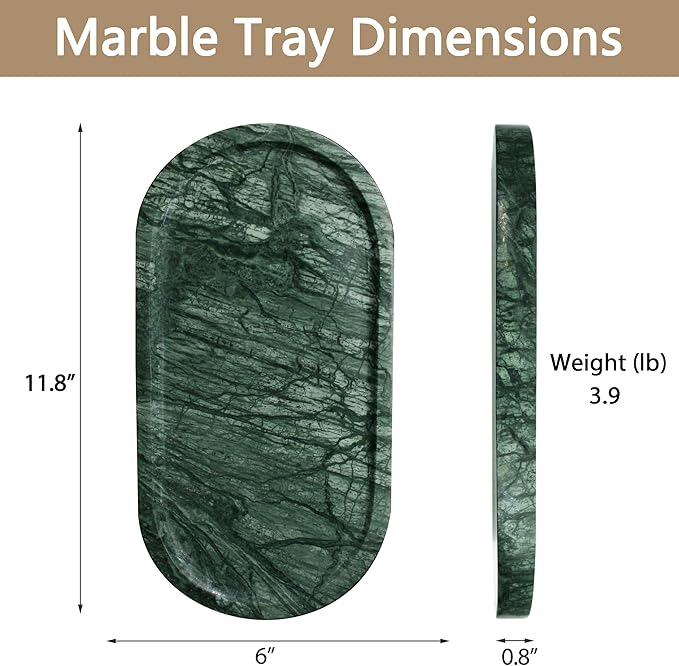 YMXYJM Genuine Real Natural Marble Tray for Bathroom, Luxury Indian Green Stone Vanity Tray, Decorative Oval Trays for Countertop Storage Organizer, Dresser, Kitchen, Home Decor, 11.8" x 6", Green