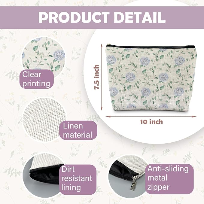 Blue Hydrangea Floral Makeup Bag - Aesthetic Toiletry Pouch for Women, Hydrangea Gifts