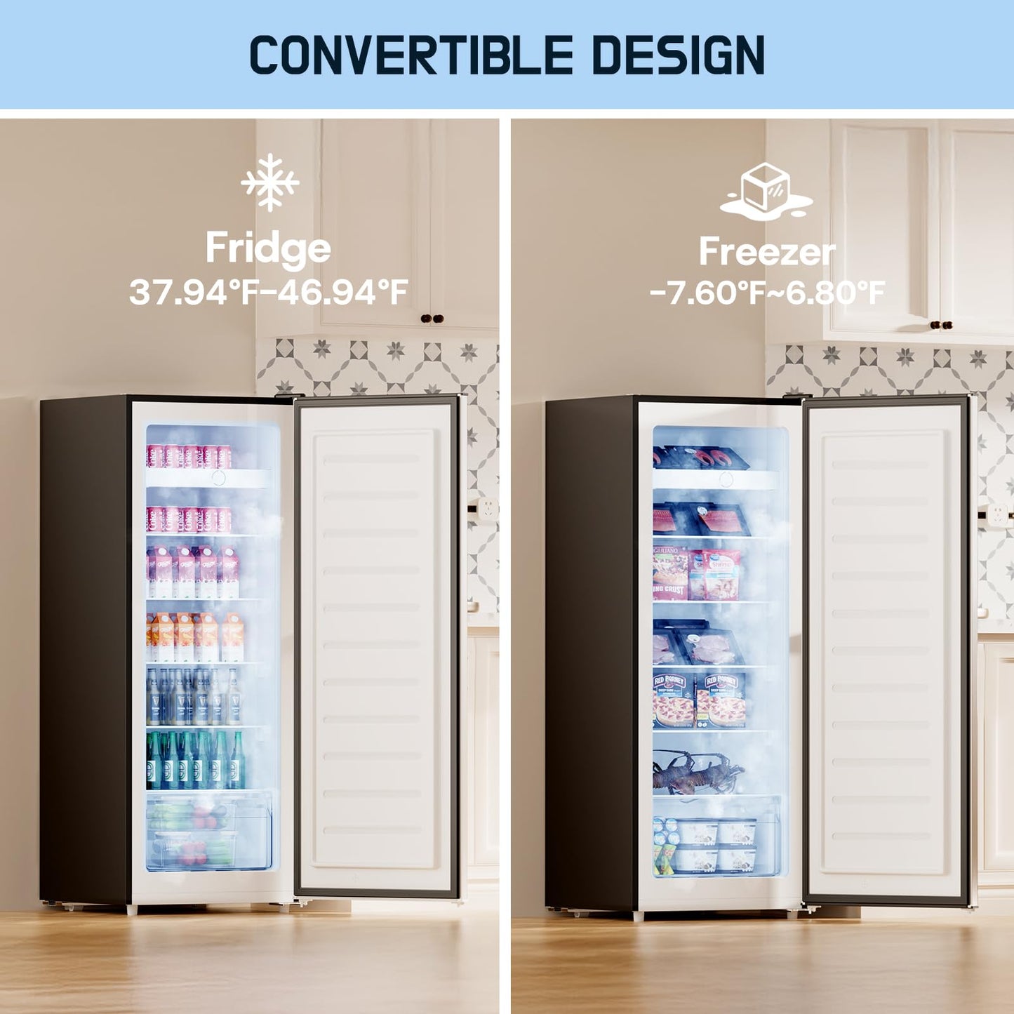 Upstreman 7.0 Cu.Ft Upright Freezer, Large Capacity Stand Up Freezers with 5 Adjustable Shelves, Convertible Refrigerator/Freezer, Reversible Door for Home, Basement, Apartment (Stainless)