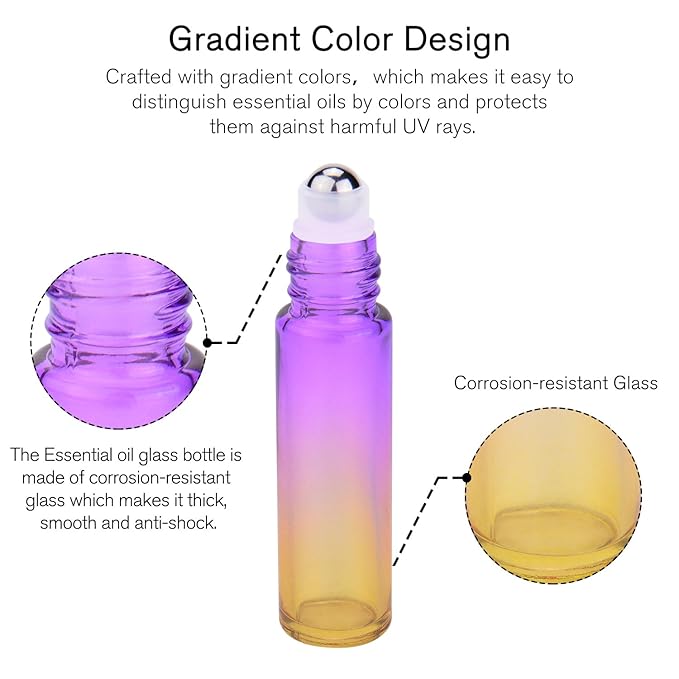 PrettyCare 12 Pack, 10 ml Essential Oil Roller Bottles with Stainless Steel Roller Ball - Refillable Leak-proof Empty Thick Rainbow Glass Roll on Bottles with Metal Caps for Travel, Perfume