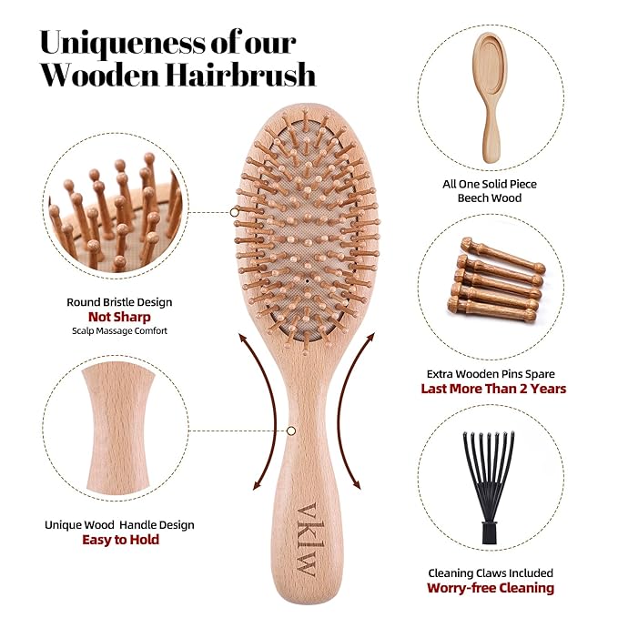 Wooden Hair Brush and Comb, One-piece Design, Reduce Frizz and Static, Massage Scalp, Detangling Paddle Hairbrush for Women, Girls, Kids, Includes Cleaning Claw, 5 Wood Bristles