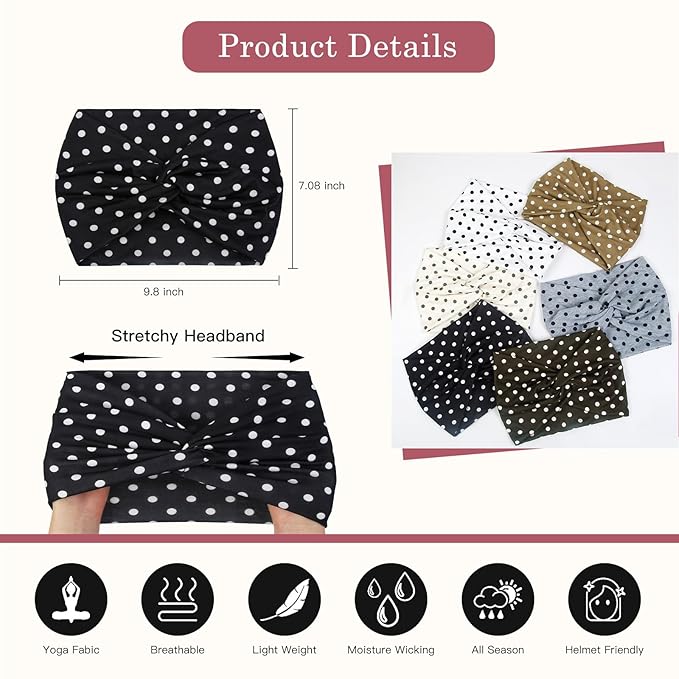 Tobeffect 7 Inches Polka Dots Headbands for Women, Extra Wide Fashion Turban Headband for Women's Hair, Large Thick Hairbands Bandana Head Band Accessories for Wig, Workout, Yoga, Sports