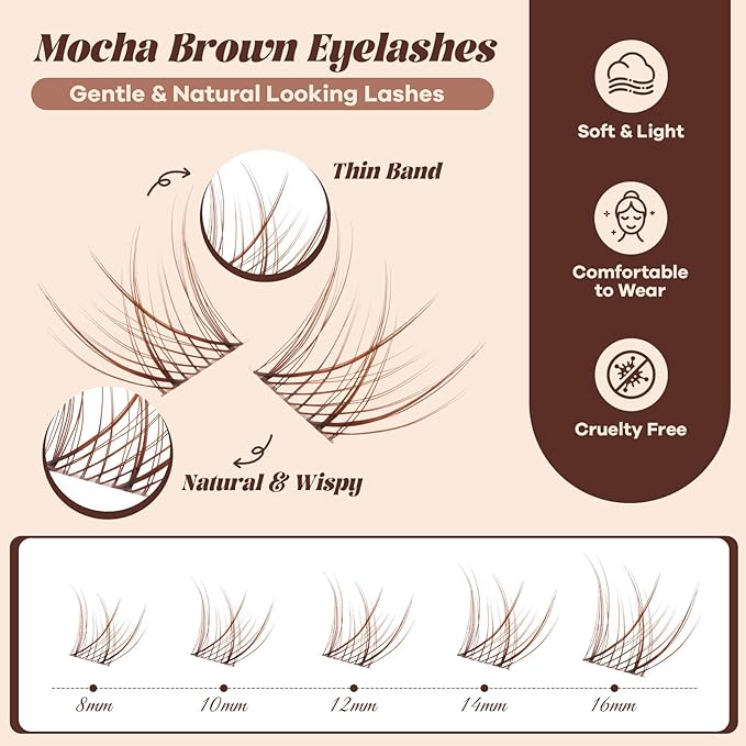 B&Q Brown Lash Clusters Natural Lash Clusters for Light Hair, Reusable MochaLash Cluster Eyelash Extensions Soft Brown False Eyelashes Comfortable Eyelash Clusters Perfect for Occasions（MochaLash 01）