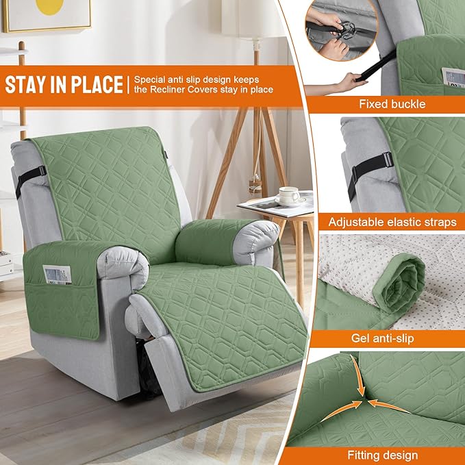 VANSOFY 100% Waterproof Recliner Chair Covers, Recliner Cover Non-Slip Dog Chair Cover Furniture Protector Washable Slipcover with Pocket, Elastic Straps for Pets, Dogs(Bean Green, 28")
