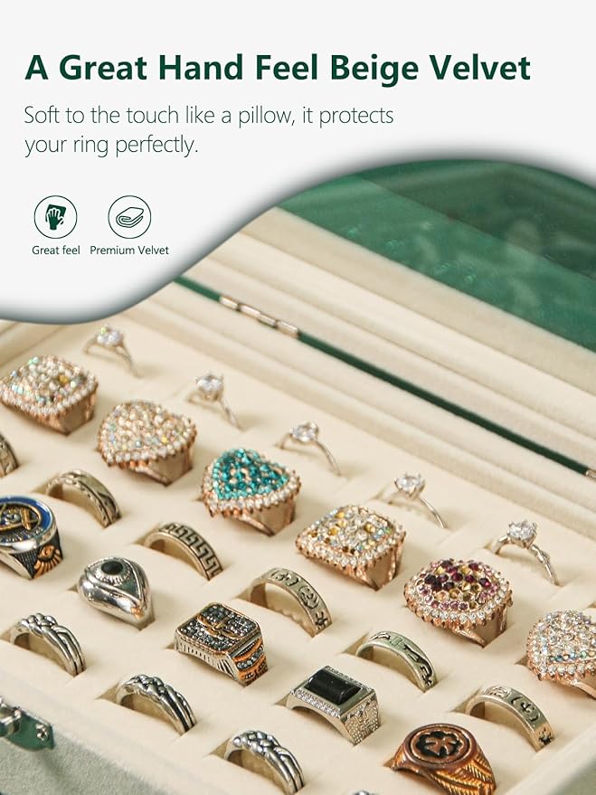 Ring Holder Organizer Box,Jewelry Ring Display Case, Earring Necklace Storage Tray With Top Glass Lid (Beige, 30 Slots Ring)