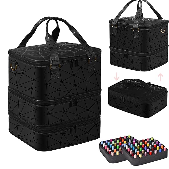 Large Nail Polish Organizer Case Hold 84+ Bottles Nail Polish & Nail Lamp, 3 Layers Nail Organizers and Storage for Nail Tech with Divider, Travel Carrying Case(Black)