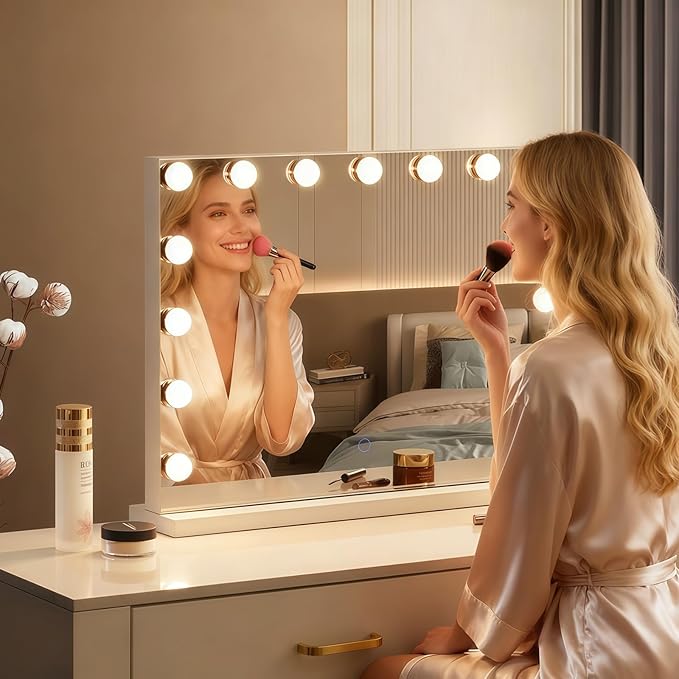 Hollywood Vanity Mirror with Lights, Lighted Makeup Mirror with 10x Magnification for Desk, Dimmable Led Bulbs, 3 Lighting Modes for College Dorm, Bedroom, Dressing Room (White)