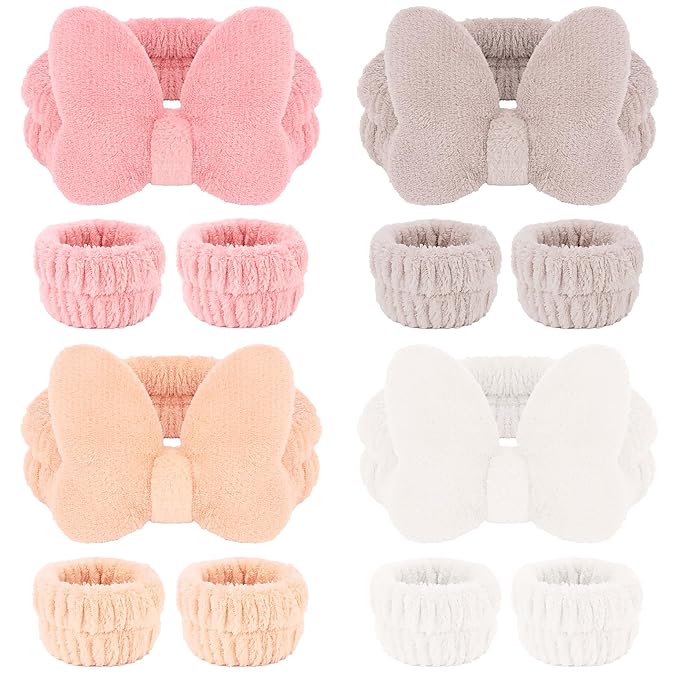 CAVETEE Spa Headband for Washing Face, 4 Pack Fuzzy Skincare Cute Butterfly Hair Band for Shower Yoga Beauty Soft Makeup Skin Care Hair Accessories for Women