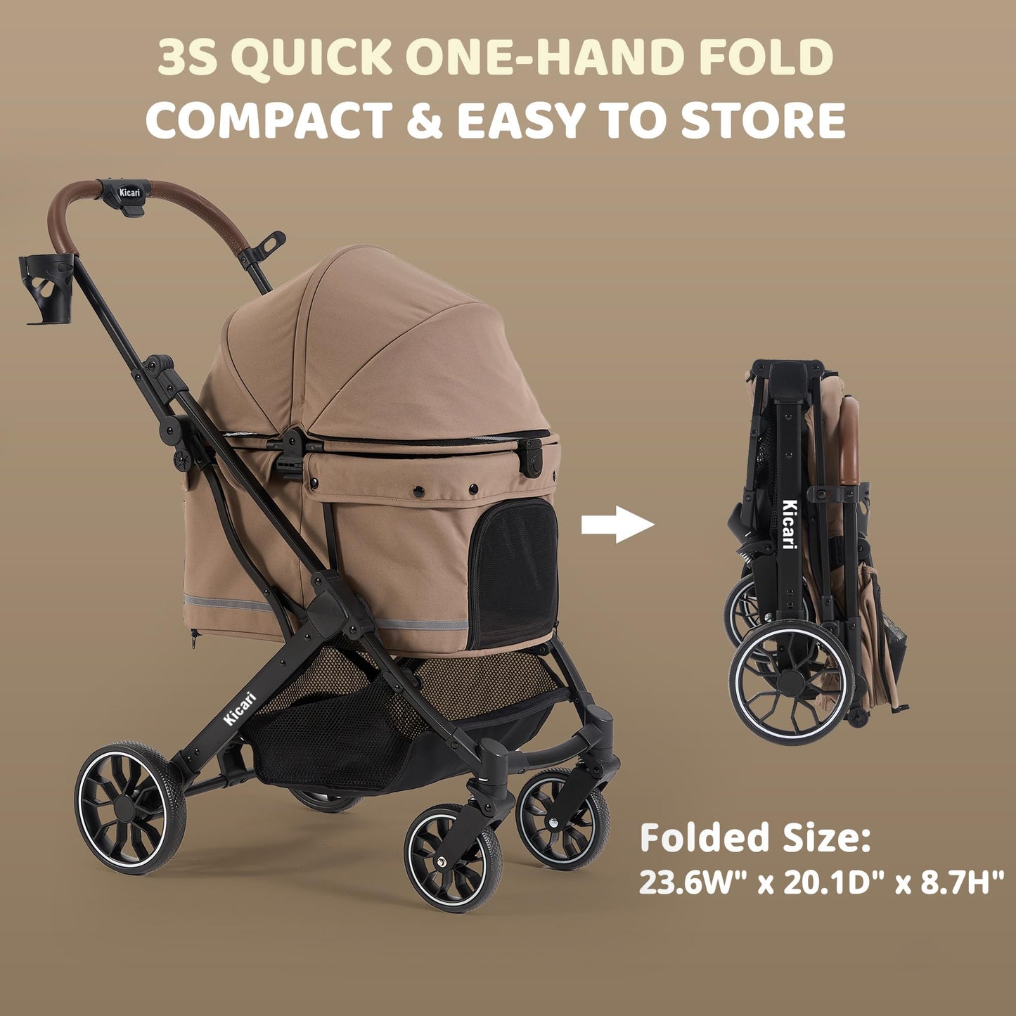 Kicari All-Terrain Dog Stroller for Small to Medium Dogs, Pet Stroller for Dogs & Cats Outdoor Walks, One-Hand Easy Fold, Double-Layer Anti-UV & Waterproof Canopy & Breathable Mesh, Mocha Brown