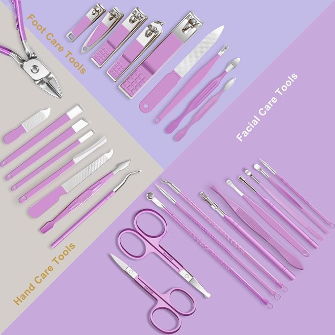 Manicure Set Women Personal Nail Care Kit, 30 in 1 Professional Manicure Kit for Women Pedicure Kit, Nail Clipper Set and Beauty Tool Portable Set, with Luxurious Travel Case (Purple)