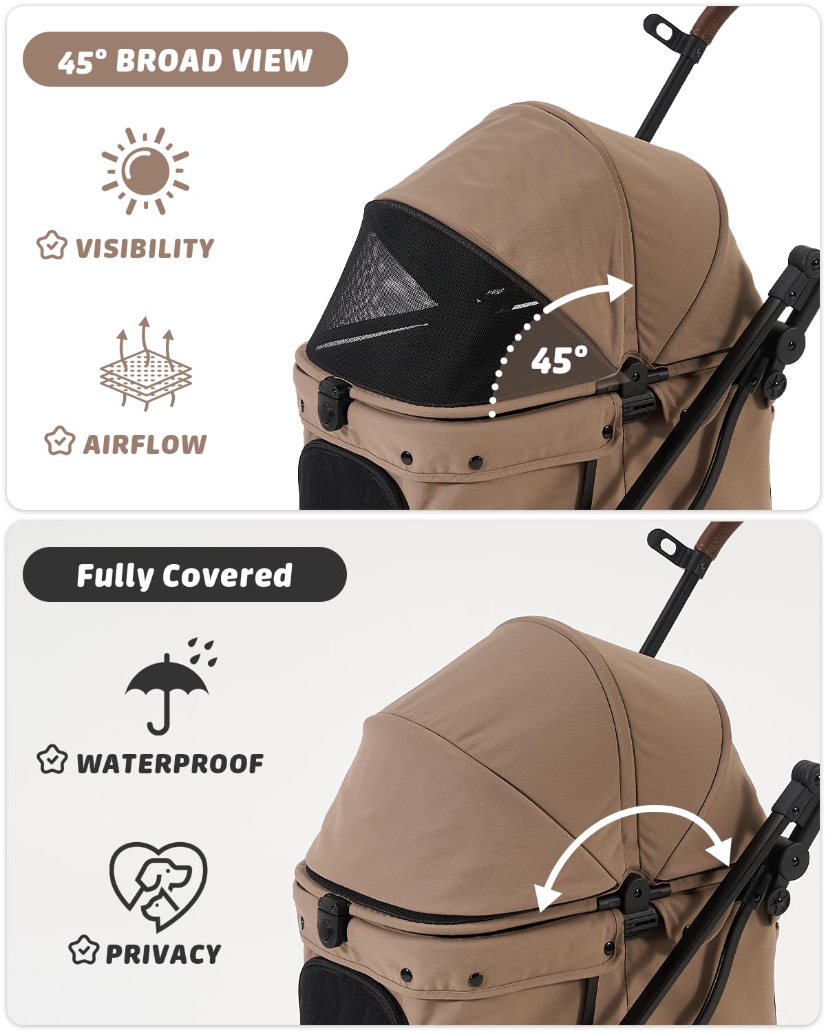 797Audio Dog Stroller for Small Medium Dogs,Pet Stroller for Cats Puppy Up to 121lbs,Foldable,One Click Folding,4 Wheel Shock Absorption,Adjustable Canopy with Sun Shades,Removable Washable Pad(Brown)