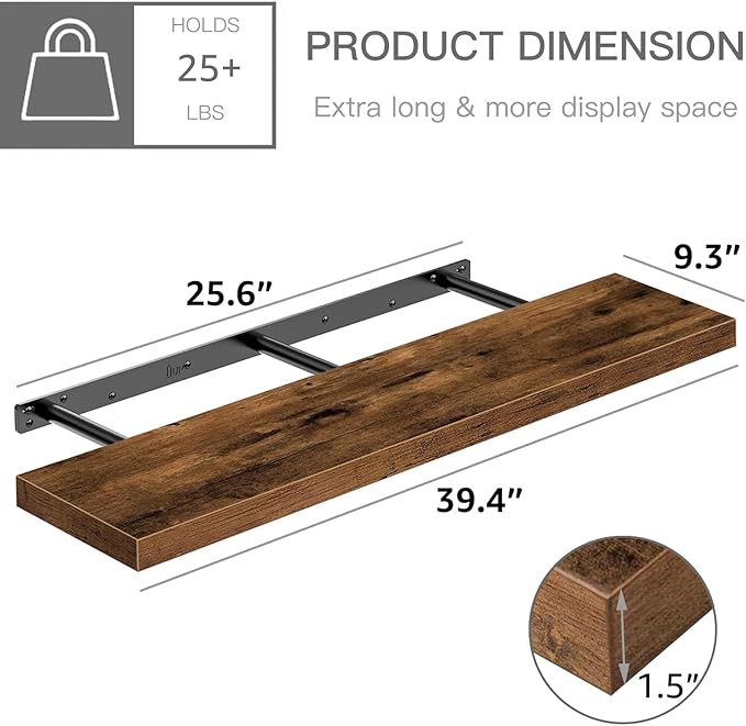 QEEIG Floating Shelves for Wall 39.4" Long - Wall Mounted Shelf Bathroom Kitchen Living Room Bedroom Farmhouse Home Decor Display Bookshelf Large 39.4 x 9.3 inch Set of 2, Rustic Brown (008-100BN)