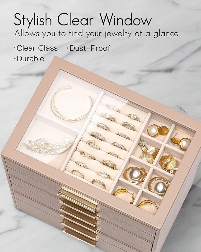 VLANDO 6 Layer Jewelry Box for Women, Glass Lid Jewelry Organizer with 6 Drawers for Necklaces Rings Earrings Bracelets - Toffee