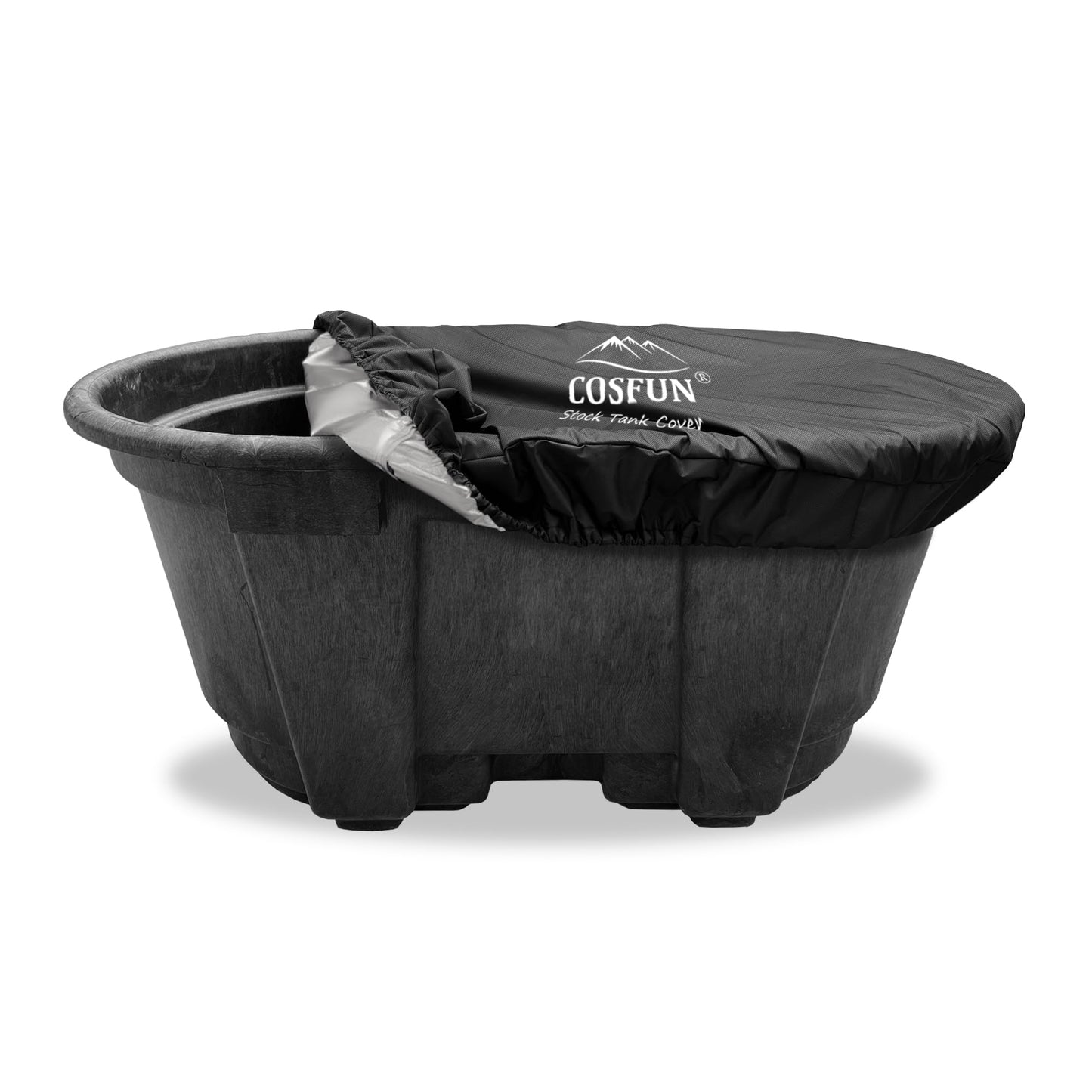 COSFUN 100 Gallon Oval Stock Tank Cover,Waterproof Dust Proof Anti-UV Ice Bath Cover,Keep Water Trough Clean(Elastic Bottom,Black)
