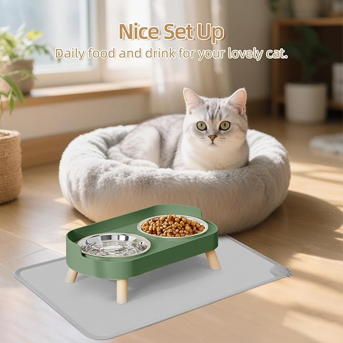 Elevated Cat Bowl with Food Mat, Raised Cat Food and Water Bowl Set for Indoor Cats, Splash Proof with 2 Stainless Steel Pet Food Bowls for Cats and Puppies,Whisker Fatigue and Dishwasher Safe (Green)
