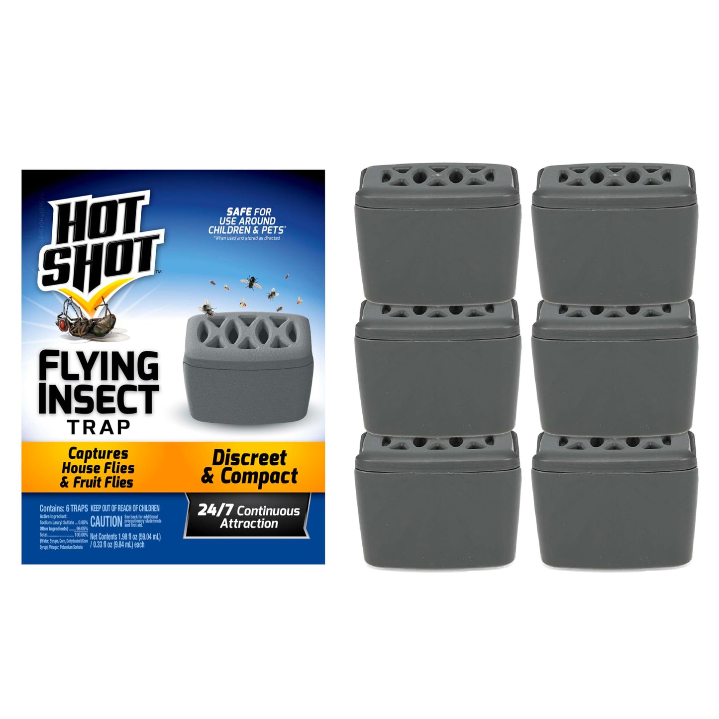 Hot Shot Flying Insect Trap, Discreet, Hassle-Free Trap Attracts, Captures House and Fruit Flies, 24/7 Continuous Attraction, No Plug-in Or Electricity Needed, 6 Count 984ml Each