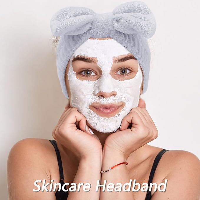 VELSCRUN Spa Headband, Makeup Face Wash Skincare Headbands, Bow Hair Band Party Favors for Washing Face, Stocking Stuffers For Women Teen Girls Christmas Gifts Hair Accessories Gray White