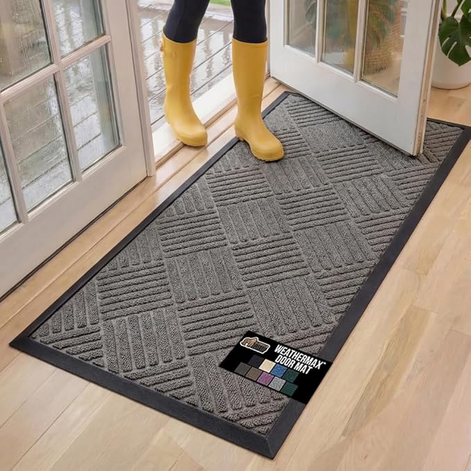 GORILLA GRIP 100% Waterproof All-Season WeatherMax Doormat, 60x24, US Designed Natural Rubber, Stain and Fade Resistant, Low Profile Indoor Outdoor Door Mats, Easy Clean Patio Mat, Gray Diamond