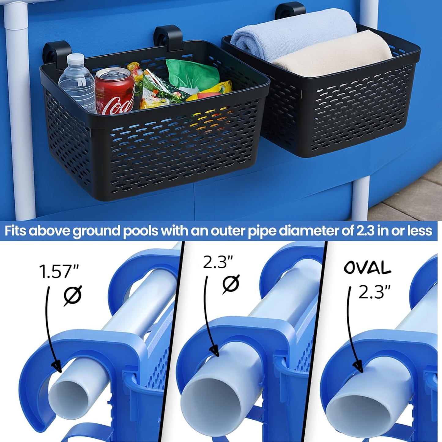 Papapacks 2 Packs XL Poolside Storage Basket for Above Ground Pools – 15.6" L x 12.1" W x 6.1" H - Swimming Pool Organizer Patio Accessories – Made in Europe – (Blue)
