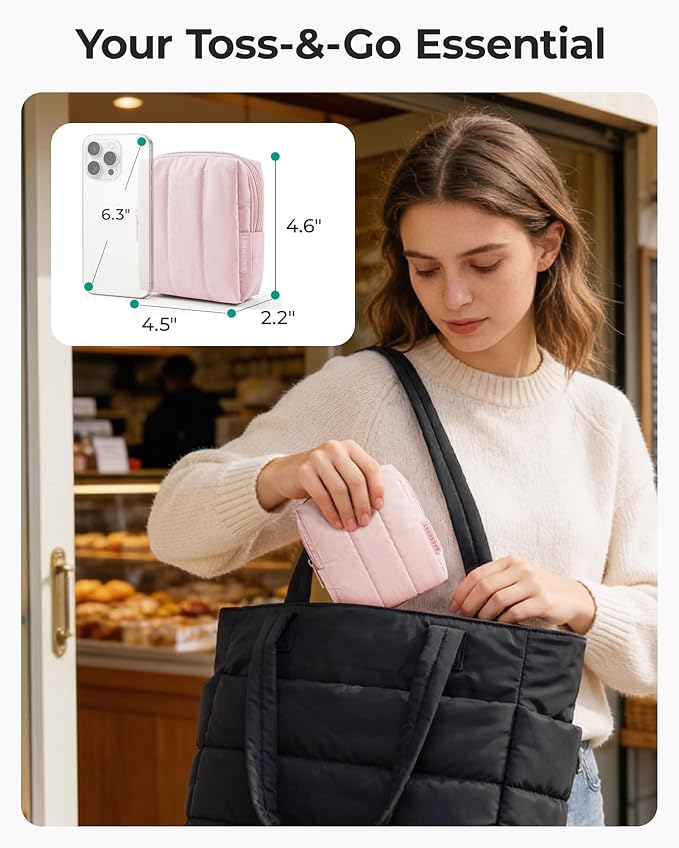 BAGSMART Small Travel Makeup Bag for Purse Toiletry Pouch, Puffy Padded Mini Cosmetics Bag, Cute Make Up Pouch for Women with Slip-in Pocket, Travel Essentials for Toiletries, Baby Pink