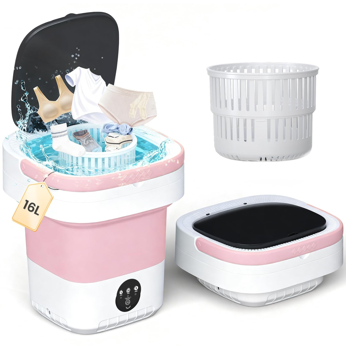 Portable Washing Machine - 16L Mini Foldable Washer with Spin Basket, 3 Cleaning Modes & Deep Cleaning for Small Clothes, Collapsible Laundry for Apartment, Home, Hotel and Travel (Pink)