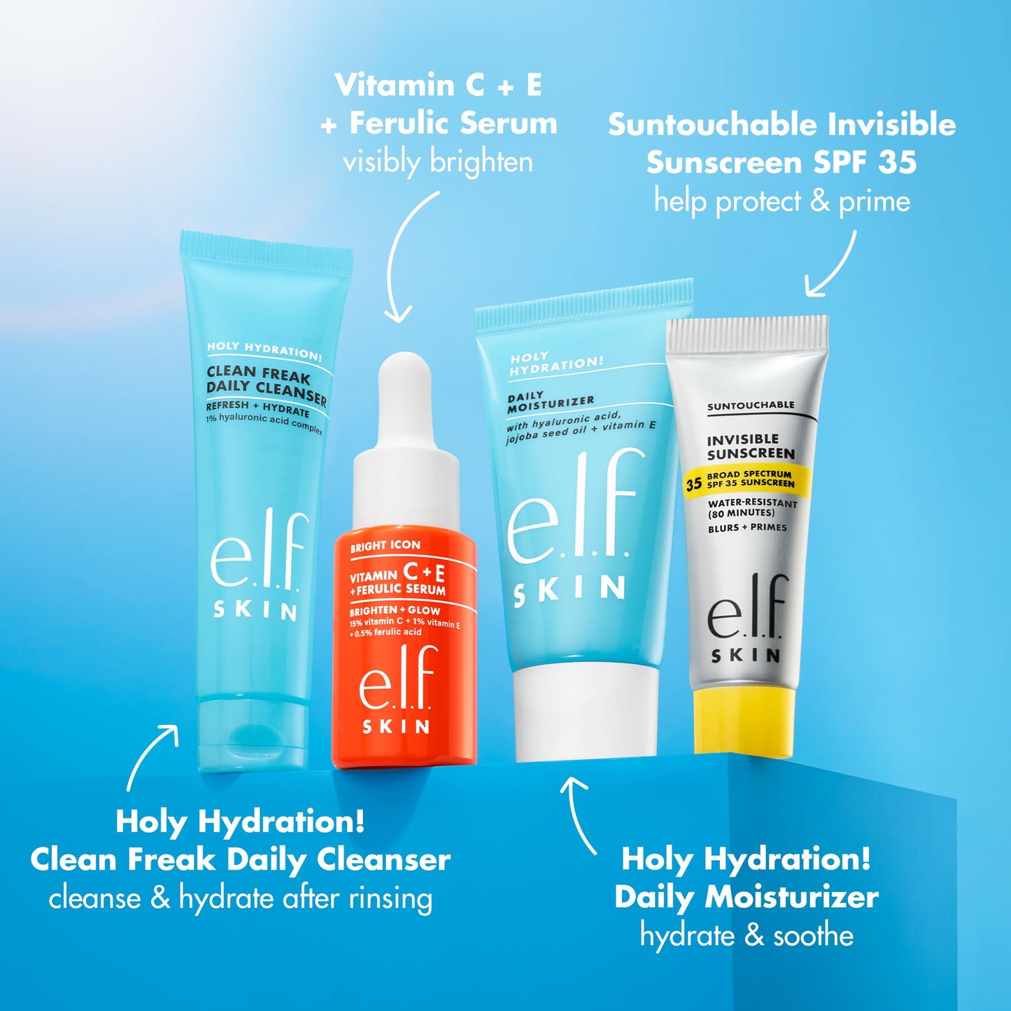 e.l.f. SKIN Wake the e.l.f. Up Skincare Kit, Travel-Size Hydrating Face Cleanser, Sunscreen, Moisturizer & Brightening Serum, Vegan & Cruelty-Free