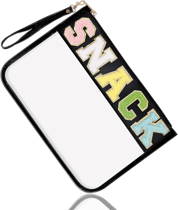 Chenille Letter Clear Snack Bag Purse, Monogram PVC & PU Zipper Pouch With Wristlet, Waterproof Portable Glitter Makeup Beach Toiletry Bag for Women Girls (SNACKS-Black)
