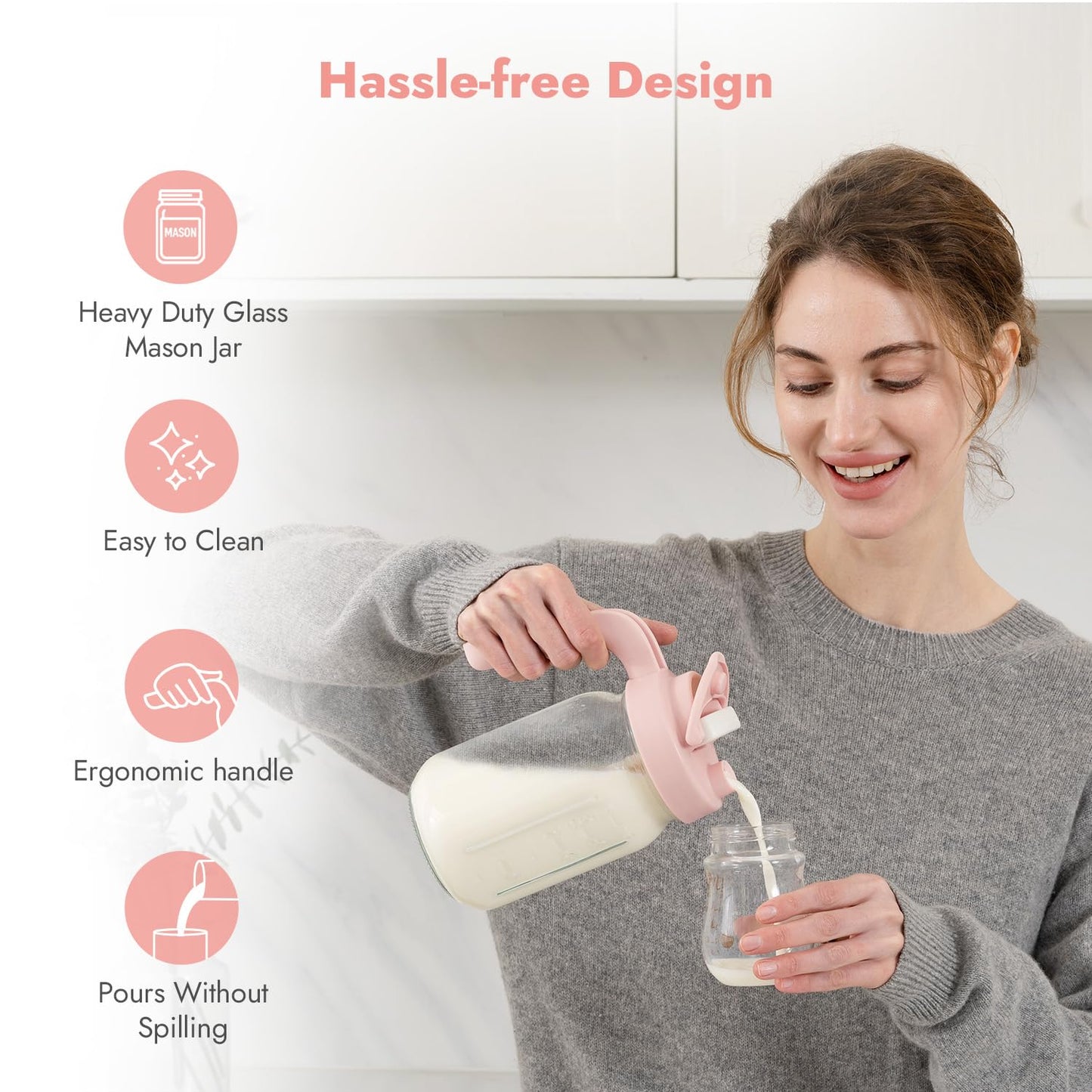 Papablic Glass Formula Pitcher, Fast Baby Breastmilk Maker with Mixing Handle Lid, Wide Mouth Mason Jar Breast Milk Storage Container with Flip-Lock Spout, BPA-Free, Pink