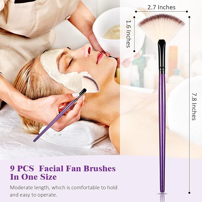 9 Pieces Facial Fan Mask Brushes, Soft Facial Applicator Brushes Tools for Peel Glycolic Makeup for Mud Cream(Purple)