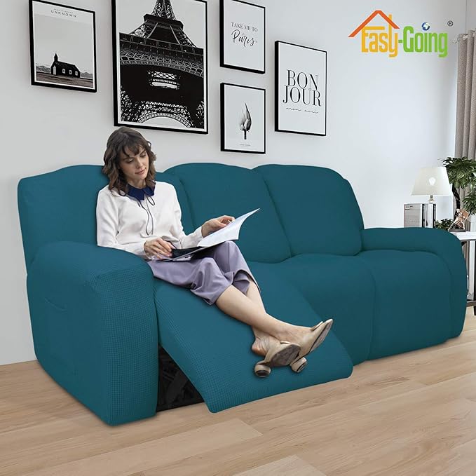 Easy-Going 8 Pieces Recliner Sofa Stretch Sofa Slipcover Sofa Cover Furniture Protector Couch Soft with Elastic Bottom Kids, Spandex Jacquard Fabric Small Checks Peacock Blue